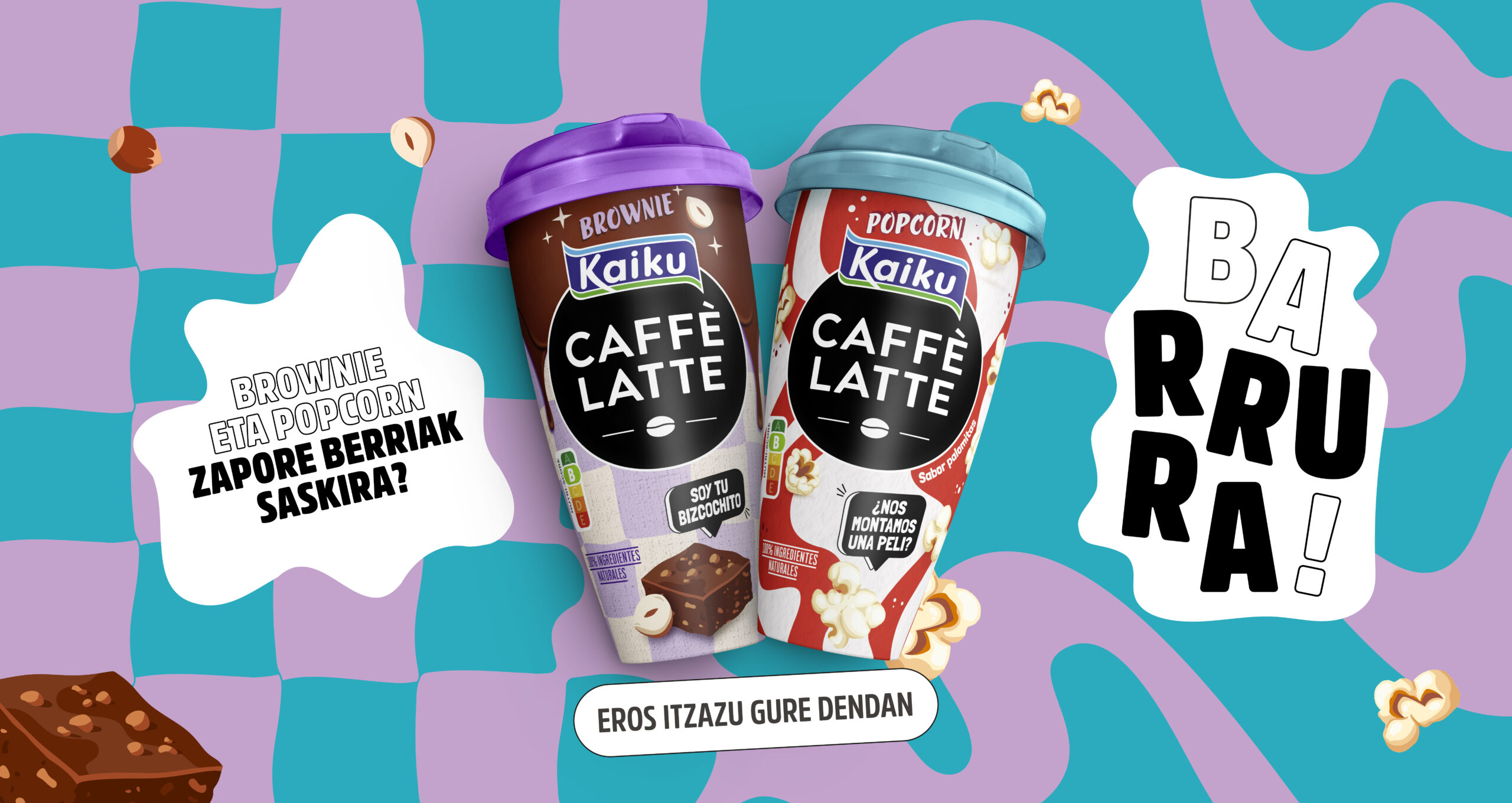 Banner Kaiku Caffè Latte nuevos sabores: Brownie y Popcorn euskera