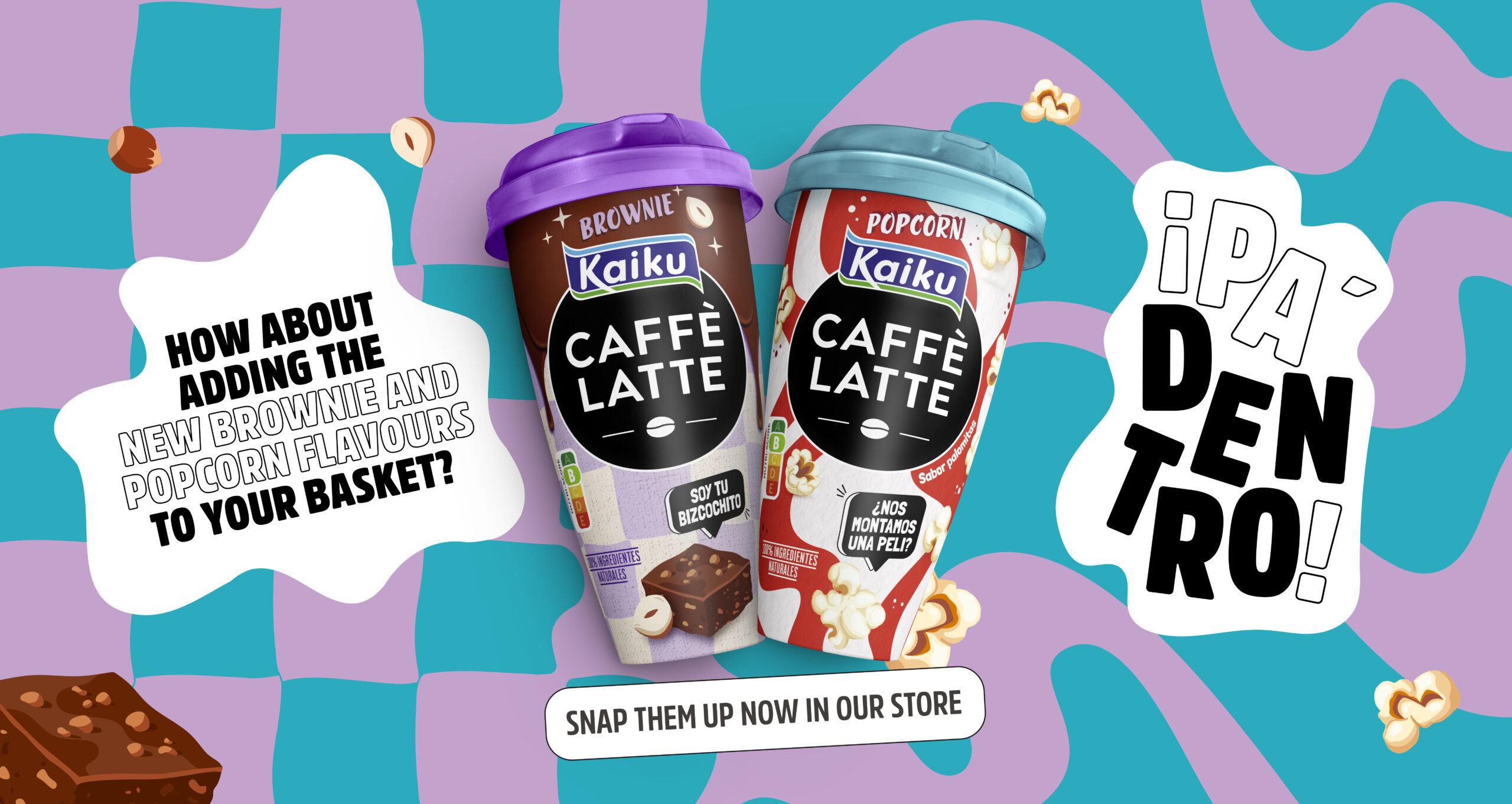 Banner Kaiku Caffè Latte nuevos sabores: Brownie y Popcorn ingles
